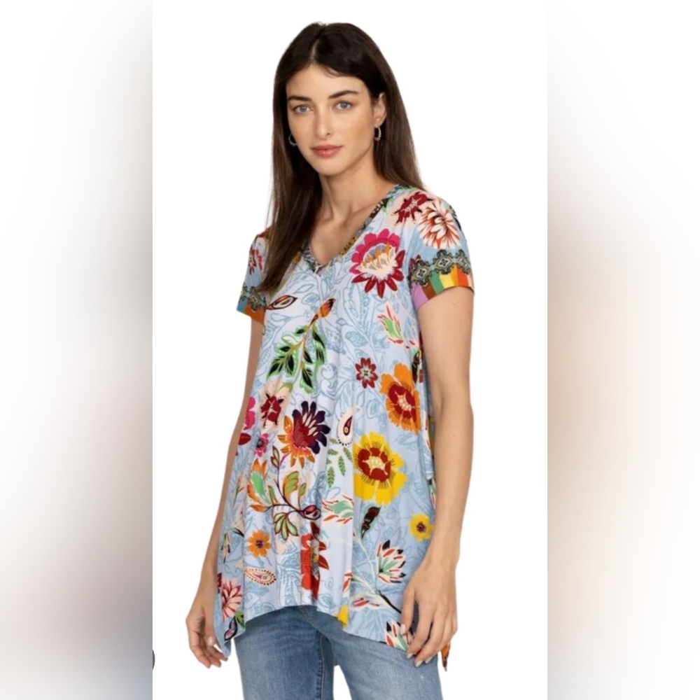 Johnny Was Rainbow Floral V-neck Drape Tunic Top Small